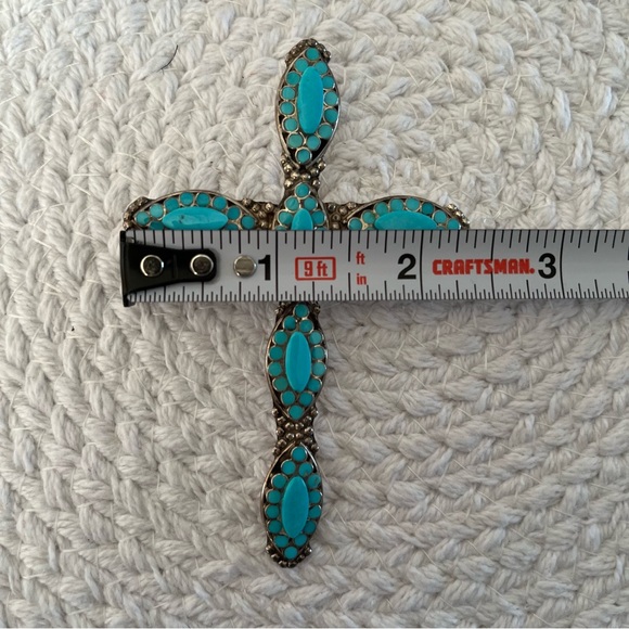 Large N Dishta Zuni Turquoise Cross Pendant Sterling Silver Inlay Navajo NM Vtg - Picture 10 of 15